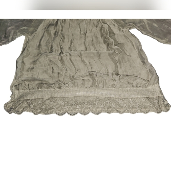 Giusy Italy Silk Blouse Lace Detail Sequins 2 Layers in Front Sheer arms GREY L - Picture 5 of 9
